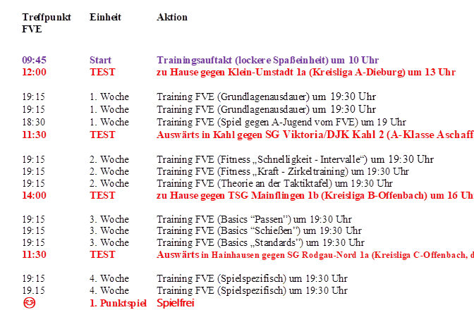 Vorbereitungsplan der 2. Mannschaft